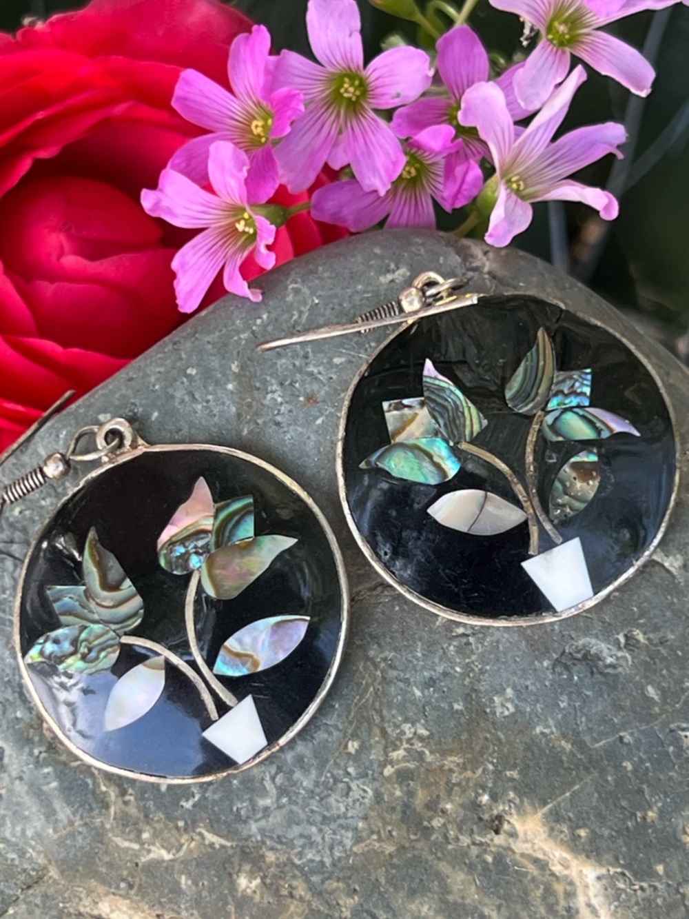 Vintage Alpaca Mexico Abalone Inlay Earrings Silver Tone - Picture 2 of 7